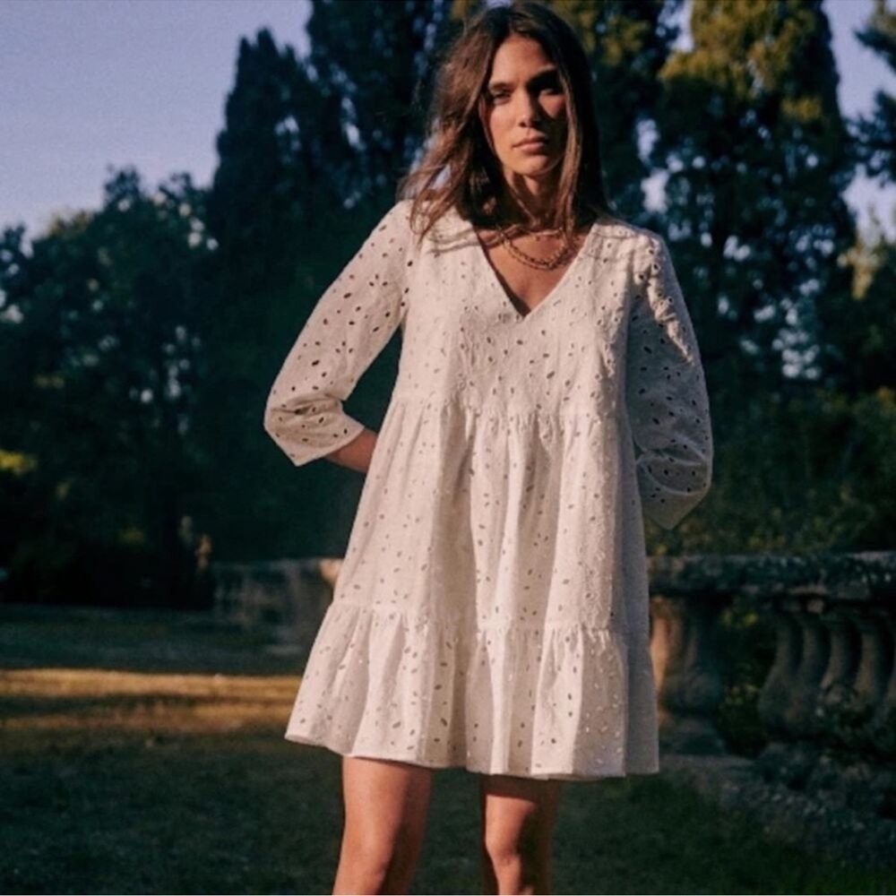 Sezane Lila White Size 8 Eyelet Long Sleeve Dress